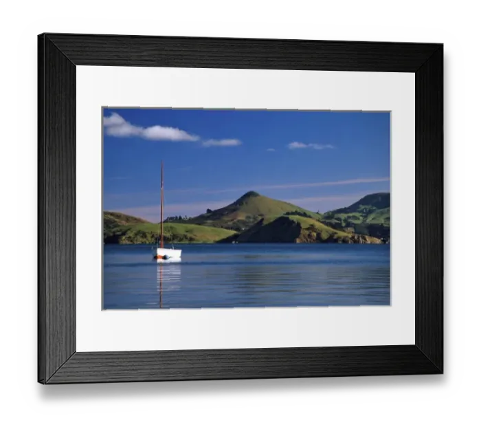 Framed Print : Yacht, Dowling Bay, Otago Harbour. Harbour Cone and Otago Peninsula in background Framed Print : Yacht, Dowling Bay, Otago Harbour. Harbour Cone and Otago Peninsula in background