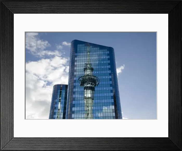 Framed Print : Reflection of Skytower in Office Building, Auckland, North Island, New Zealand