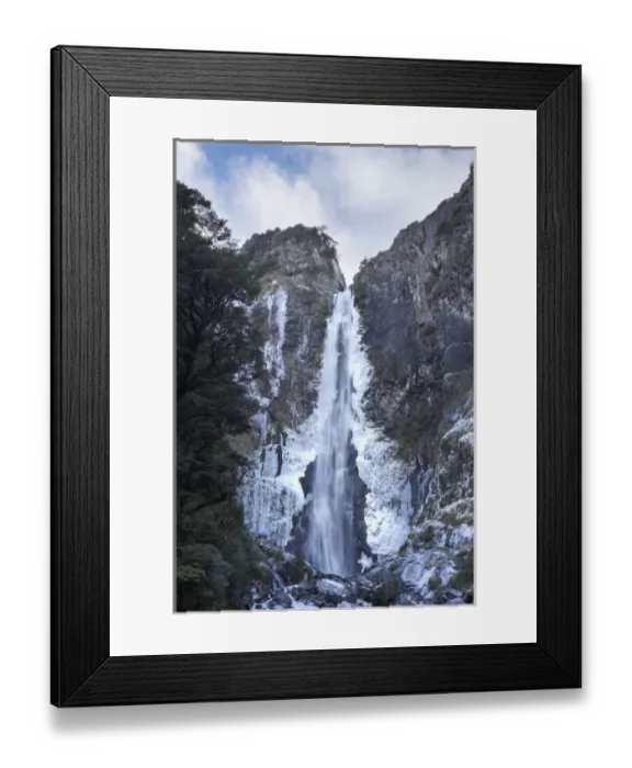 Framed Print : Devils Punchbowl Falls, Frozen in Winter, Arthurs Pass, Canterbury, South Island