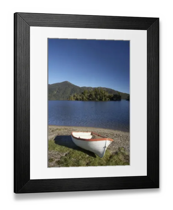 Framed Print : Dinghy, Hans Bay, Lake Kaniere, West Coast, South Island, New Zealand Framed Print : Dinghy, Hans Bay, Lake Kaniere, West Coast, South Island, New Zealand