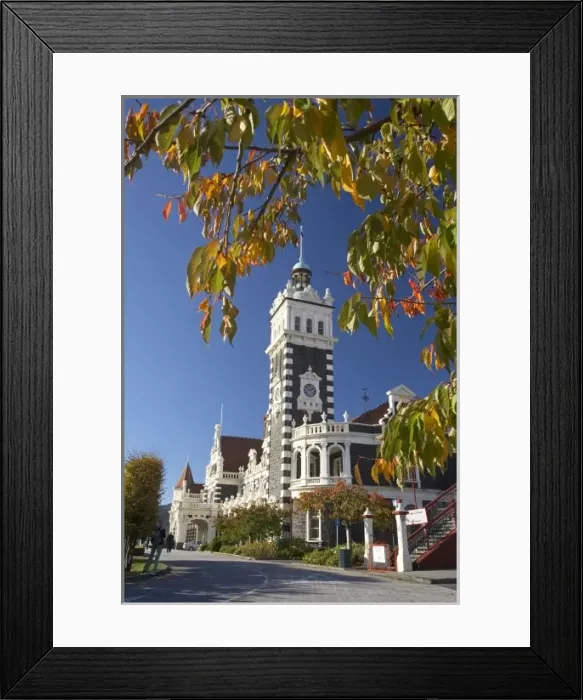 Framed Print : Autumn Colour and Historic Railway Station, Dunedin, Otago, South Island, New Zealand