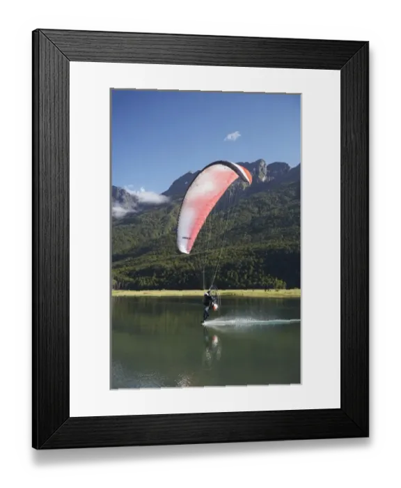 Framed Print : Paramotor skimming water, Diamond Lake, Paradise, near Glenorchy, Queenstown Region Framed Print : Paramotor skimming water, Diamond Lake, Paradise, near Glenorchy, Queenstown Region