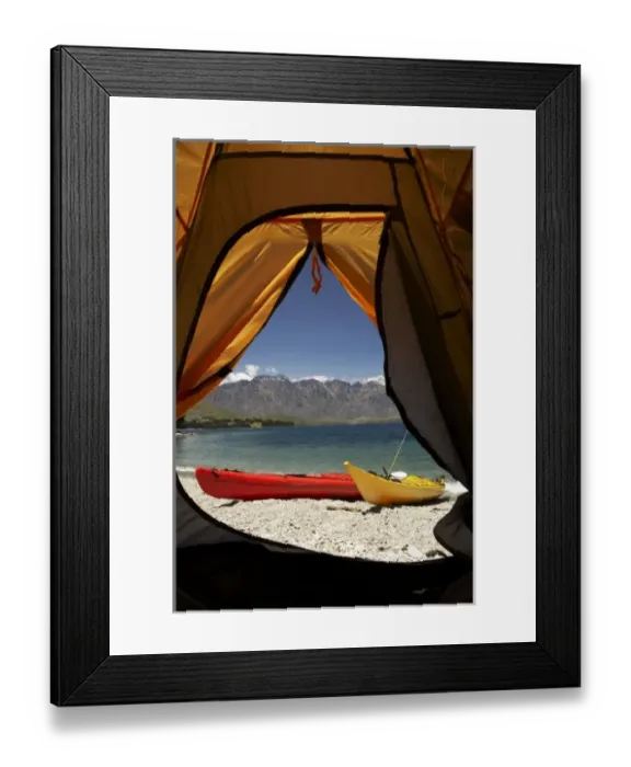 Framed Print : Tent, Kayaks and The Remarkables, Lake Wakatipu, Queenstown, South Island, New Zealand Framed Print : Tent, Kayaks and The Remarkables, Lake Wakatipu, Queenstown, South Island, New Zealand