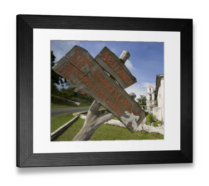 Framed Print : South Pacific, Cook Islands, Aitutaki. Close-up of sign for Cook Islands Christian Church
