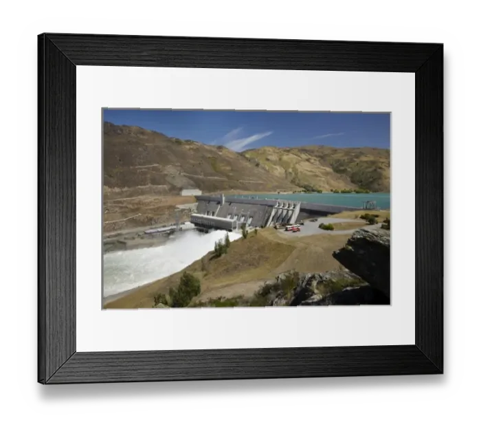 Framed Print : Water spilling from Clyde Dam, Clyde, Central Otago, South Island, New Zealand