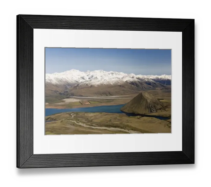 Framed Print : New Zealand, South Island, Arrowsmith Range. Aerial view of Lake Heron and the Arrowsmith Range