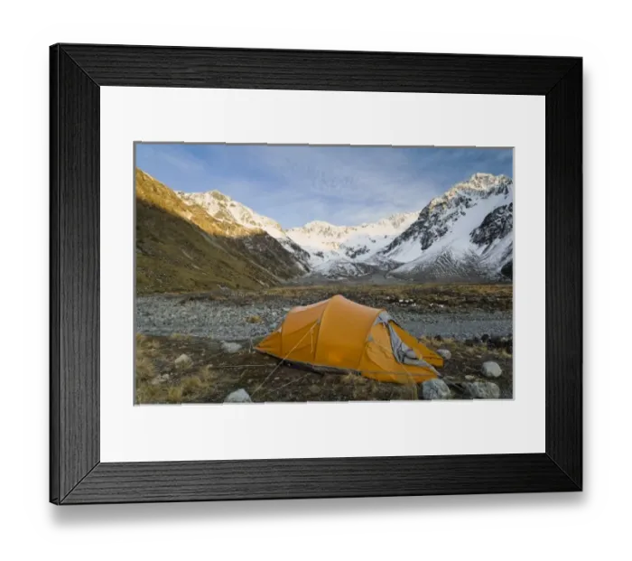 Framed Print : New Zealand, South Island, Arrowsmith Range. Campsite in the Ashburton River Valley
