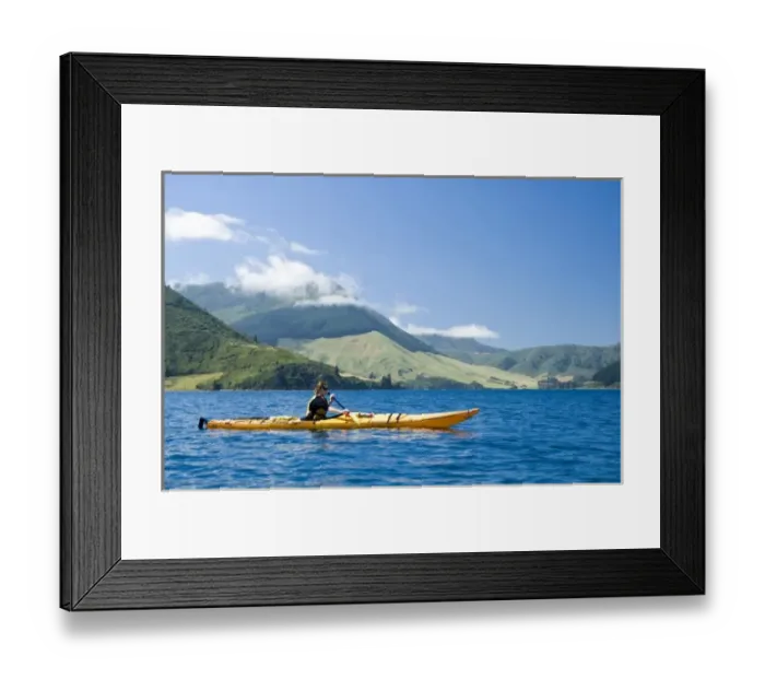 Framed Print : New Zealand, South Island, Marlborough Sounds. Leeann Sain sea kayaking. (MR) Framed Print : New Zealand, South Island, Marlborough Sounds. Leeann Sain sea kayaking. (MR)