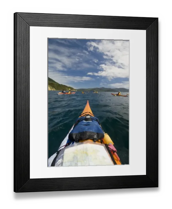 Framed Print : New Zealand, South Island, Marlborough Sounds. Seakayakers at Tennyson Inlet