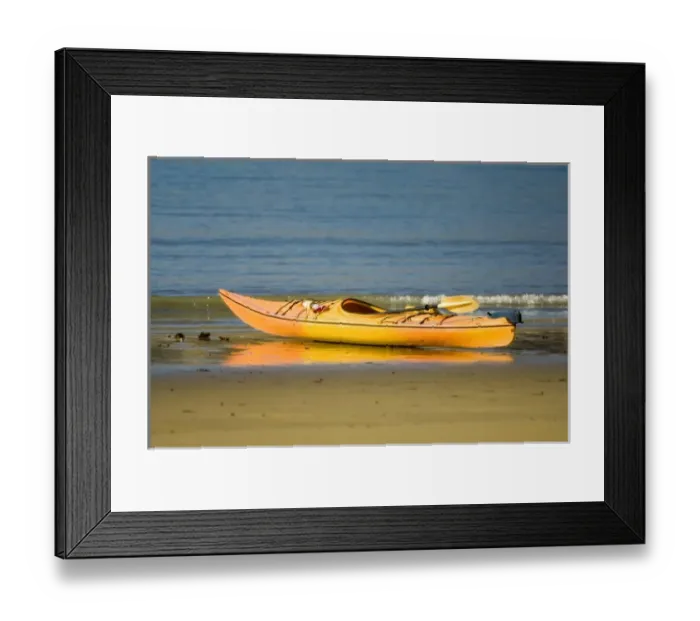 Framed Print : New Zealand, South Island, Marlborough Sounds. Sea kayak on the beach at Titirangi Bay