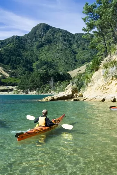 New Zealand, South Island, Marlborough Sounds. Chris Jones sea kayaking in Titirangi Bay