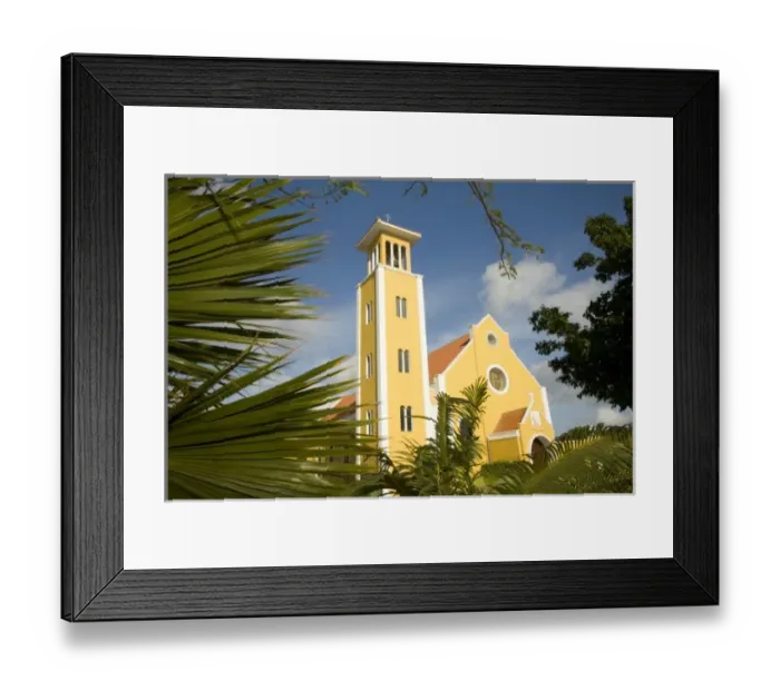 Framed Print : Caribbean, Netherlands Antilles, Bonaire, Rincon. Church and palm trees