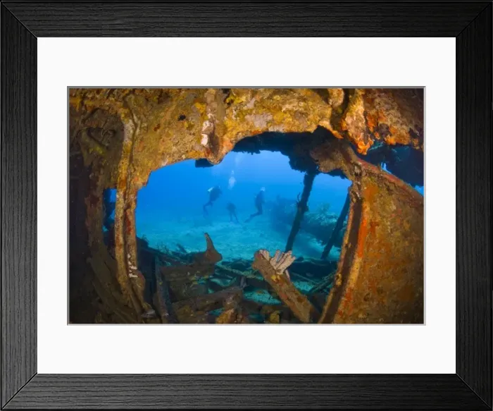 Framed Print : MR scuba divers, Wreck of the RMS Rhone, iron-hulled steam sailing vessel, sank after Framed Print : MR scuba divers, Wreck of the RMS Rhone, iron-hulled steam sailing vessel, sank after