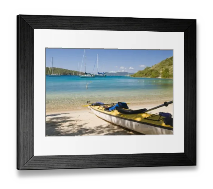 Framed Print : UK, BVI, Norman Island, the Bight. Kayak hauled out on idyllic beach Framed Print : UK, BVI, Norman Island, the Bight. Kayak hauled out on idyllic beach