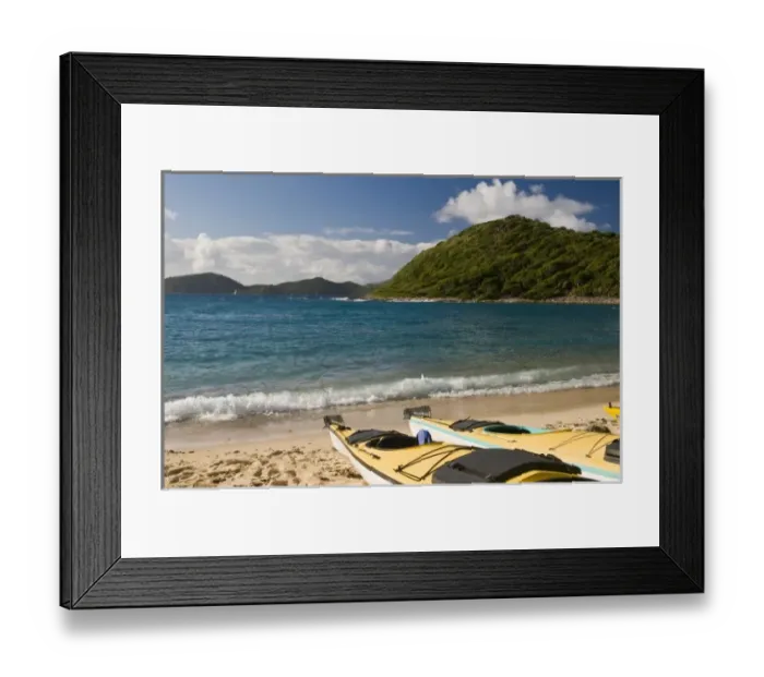 Framed Print : UK, British Virgin Islands, Peter Island, White Bay. Kayaks hauled out on beach