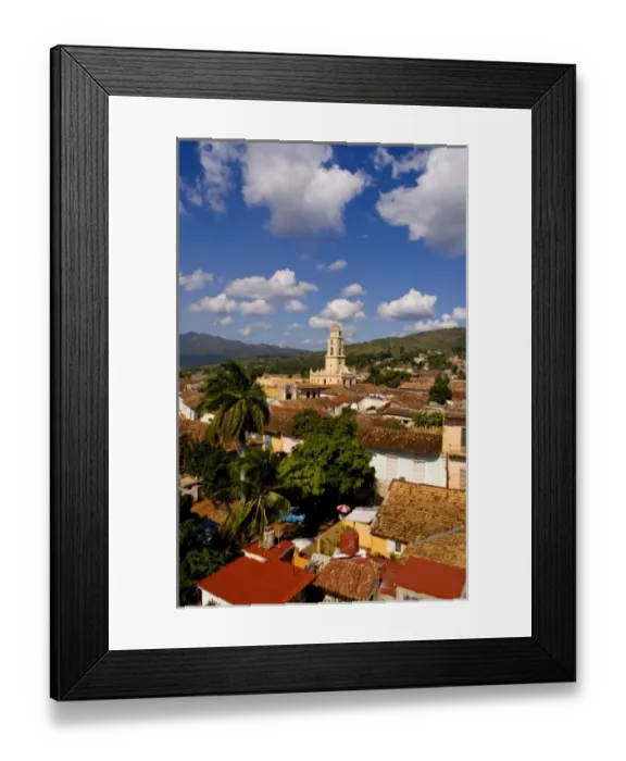 Framed Print : View from above with great clouds of the old Colonial village of Trinidad Cuba buildings