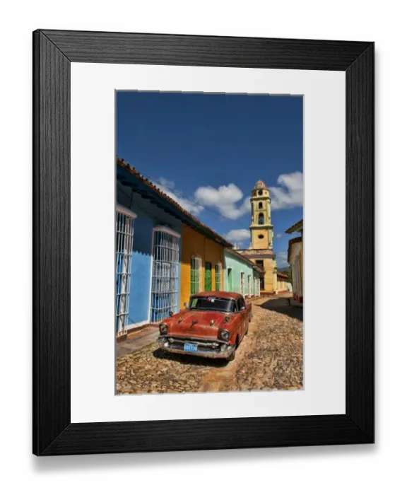 Framed Print : Old Classsic Chevy on cobblestone street of Trinidad Cuba