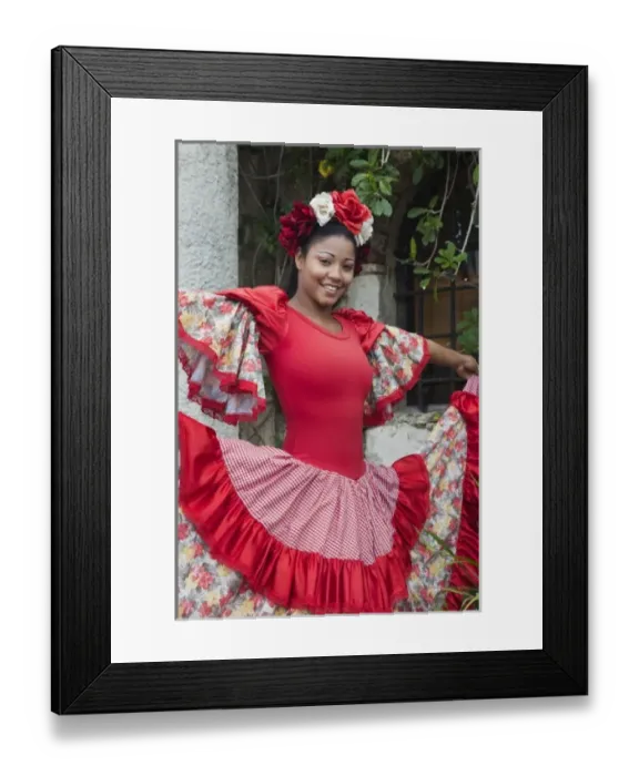 Framed Print : Dominican Republic, La Romana, Altos de Chavon, Dominican female dancer in costume (MR) Framed Print : Dominican Republic, La Romana, Altos de Chavon, Dominican female dancer in costume (MR)
