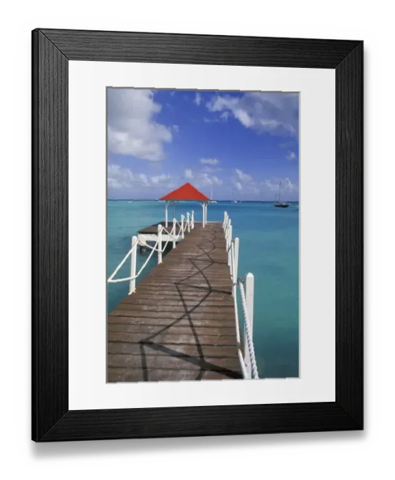 Framed Print : Caribbean, Guadeloupe. Colorful dock and crystal blue water