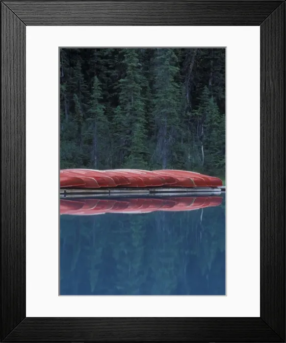 Framed Print : Canada, Banff, Alberta. Canoes line the shores of Lake Louise Framed Print : Canada, Banff, Alberta. Canoes line the shores of Lake Louise