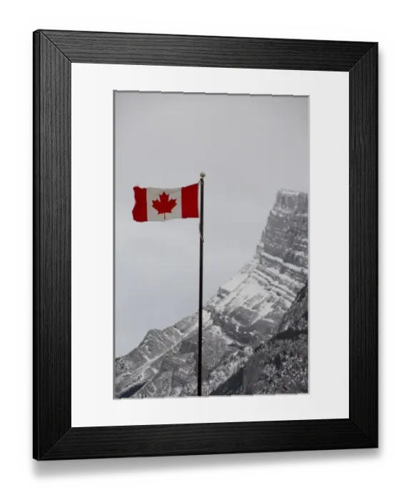 Framed Print : Canada, Alberta, Banff. Mountain view with flag