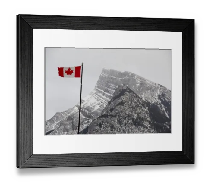 Framed Print : Canada, Alberta, Banff. Mountain view with flag Framed Print : Canada, Alberta, Banff. Mountain view with flag
