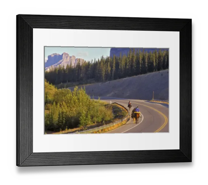 Framed Print : Canada, Alberta, Baniff National Park. People riding horses on road in Baniff National Park Framed Print : Canada, Alberta, Baniff National Park. People riding horses on road in Baniff National Park