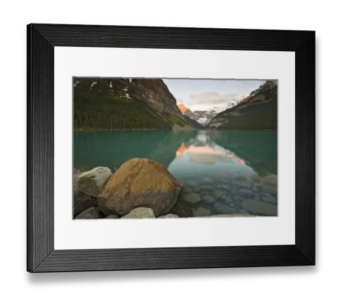 Framed Print : Canada, Alberta, Banff National Park, Rocky Mountains and boulders reflected in Lake Louise Framed Print : Canada, Alberta, Banff National Park, Rocky Mountains and boulders reflected in Lake Louise