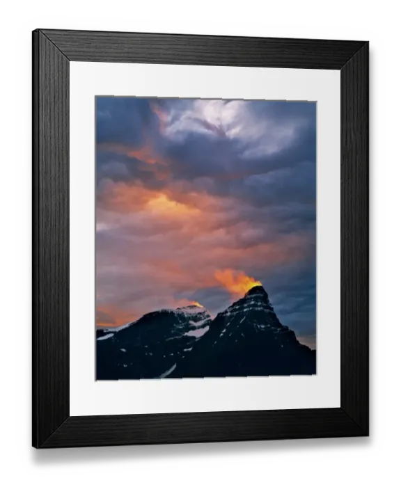 Framed Print : Canada, Alberta, Mt. Chephren. A golden shaft of sunset light ignites a snow plume Framed Print : Canada, Alberta, Mt. Chephren. A golden shaft of sunset light ignites a snow plume