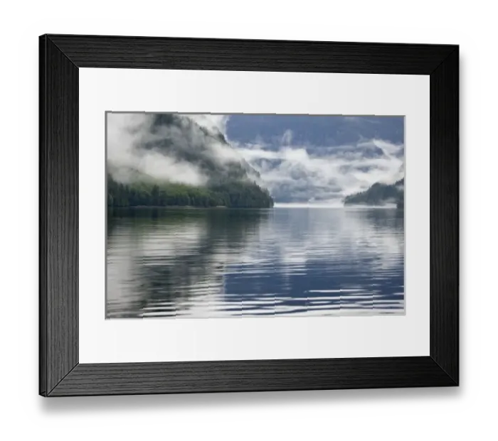 Framed Print : Canada, British Columbia, Fiordlands Recreation Area. Fog-shrouded forest next to ocean inlet