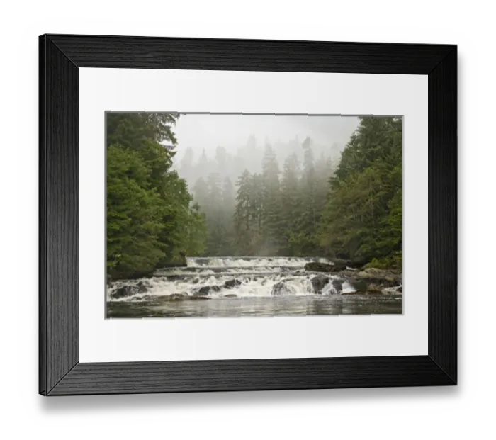 Framed Print : Canada, British Columbia, Princess Royal Island. Canoona River waterfalls next to misty forest