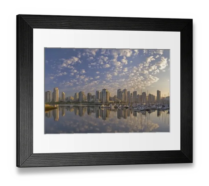 Framed Print : Looking across False Creek at the skyline of Vancouver British Columbia at sunrise