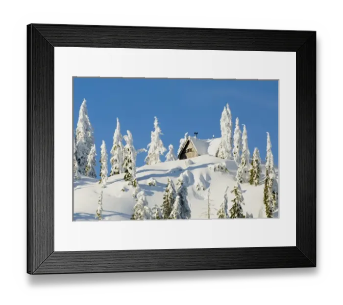 Framed Print : Mountain cabin among snow-laden trees, Seymour Mountain, British Columbia Framed Print : Mountain cabin among snow-laden trees, Seymour Mountain, British Columbia