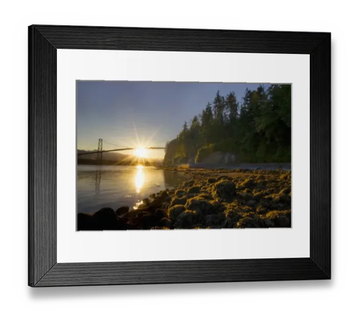 Framed Print : Sun rising behind Lions Gate Bridge, Stanley Park, British Columbia Framed Print : Sun rising behind Lions Gate Bridge, Stanley Park, British Columbia