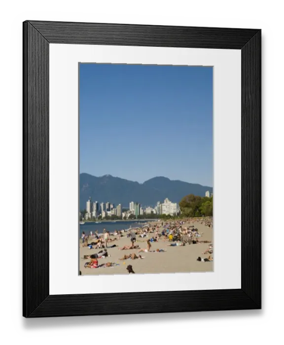 Framed Print : Kitsilano Beach park and swimming pool overlook English Bay and the skyline of downtown Vancouver