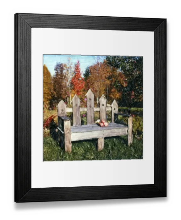 Framed Print : Bench with apples on fall day. Polaroid SX70 Manipulation Framed Print : Bench with apples on fall day. Polaroid SX70 Manipulation