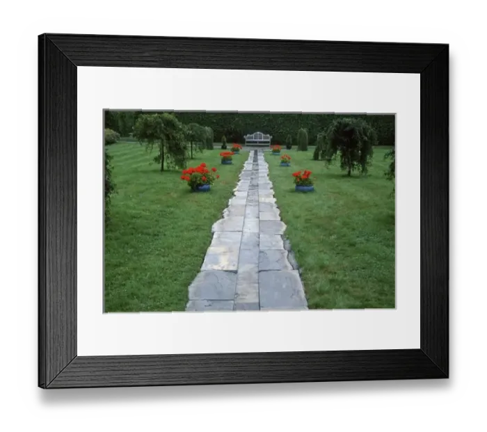 Framed Print : Canada, New Brunswick, St Andrews. Slate walkway leading towards a bench at KIngsbrae