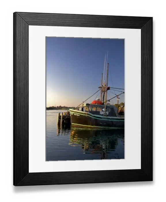 Framed Print : Fishing boat at sunset docked at Yarmouth, Nova Scotia, Canada