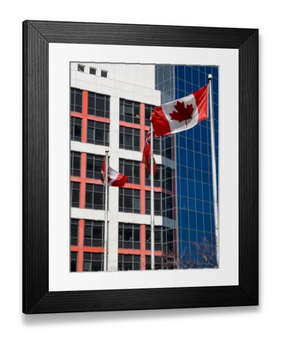 Framed Print : Canada, Ontario, Toronto. View of downtown buildings and Canadian flags