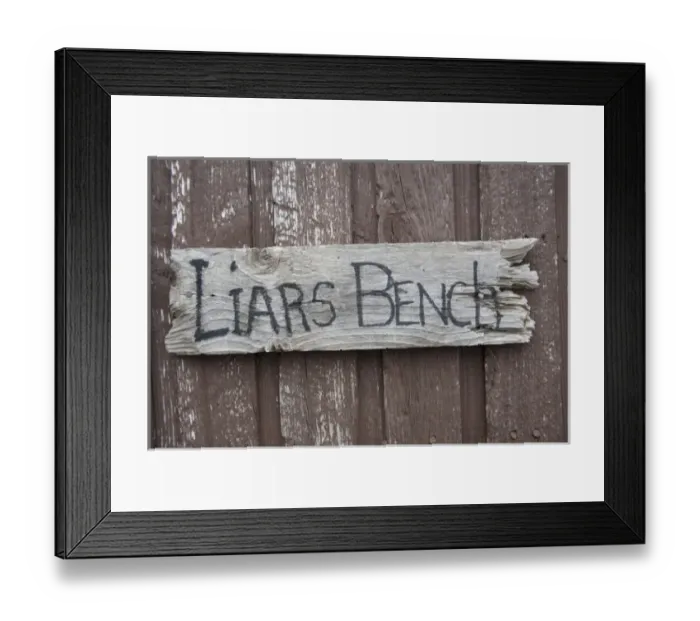 Framed Print : Canada, Prince Edward Island, Covehead Bay. Sign for the Liars Bench at Covehead Bay Harbor Framed Print : Canada, Prince Edward Island, Covehead Bay. Sign for the Liars Bench at Covehead Bay Harbor