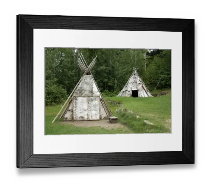 Framed Print : Canada, Quebec, Gaspe. Micmac First Nation Indian Village, birch bark teepee. Property release Framed Print : Canada, Quebec, Gaspe. Micmac First Nation Indian Village, birch bark teepee. Property release