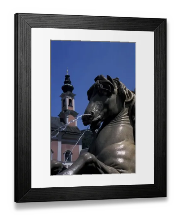 Framed Print : Europe, Austria, Salzburg. Rezidenzplatz fountain and St. Michaelskirche
