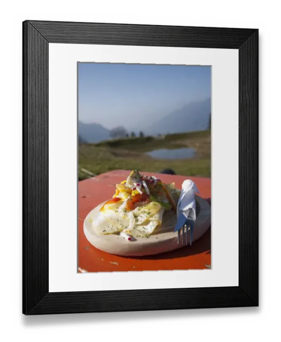 Framed Print : Upper Austria, Austria - Closeup of a wooden plate with vegetables. It is sitting Framed Print : Upper Austria, Austria - Closeup of a wooden plate with vegetables. It is sitting