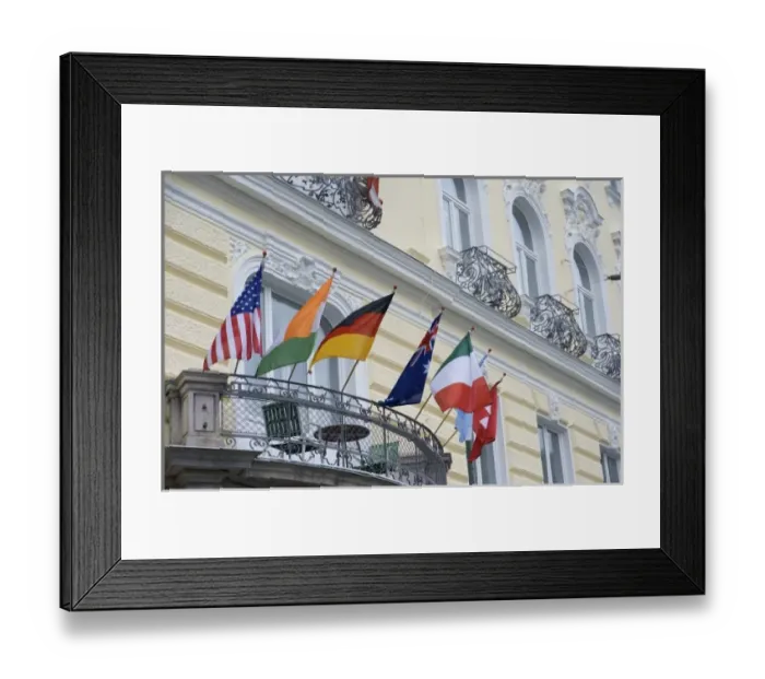 Framed Print : Europe, Austria, Salzburg Stadt, Salzburg, flags on hotel facade Framed Print : Europe, Austria, Salzburg Stadt, Salzburg, flags on hotel facade