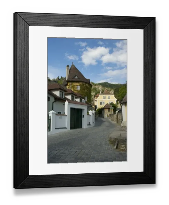 Framed Print : Europe, Austria, Wachau Valley, Lower Austria, Durnstein, cobblestone street in town