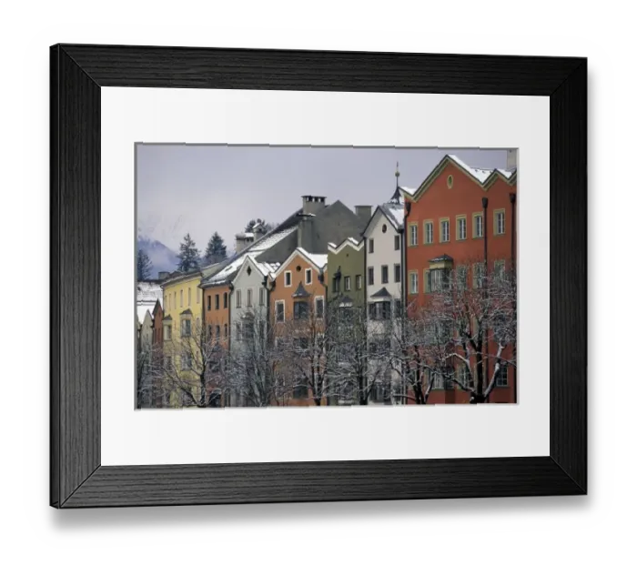Framed Print : Austria, Tirol, Innsbruck. Colorful buildings along Inn River