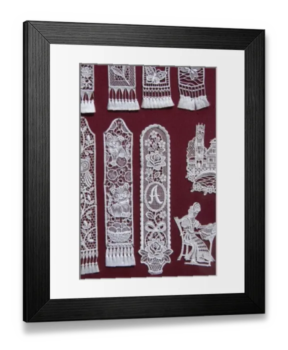 Framed Print : Belgium, Brugge (aka Brug or Bruge). World famous Belgium lace, handmade bookmarks