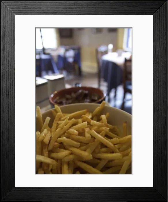 Framed Print : Europe, Belgium, Ghent. A bowl of fries served in a traditional Belgian restaurant