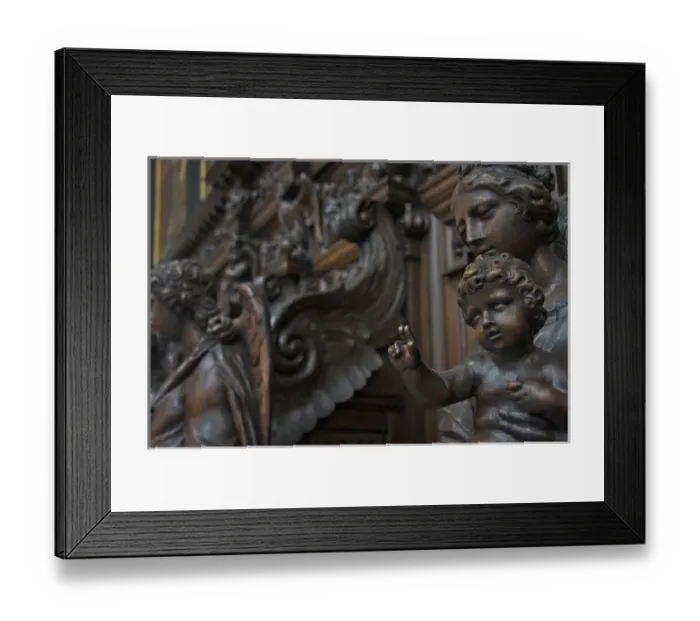 Framed Print : Europe, Belgium, Antwerp. Sculptures depicting saints and angels are carved into Framed Print : Europe, Belgium, Antwerp. Sculptures depicting saints and angels are carved into