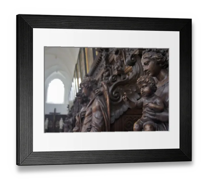 Framed Print : Europe, Belgium, Antwerp. Sculptures depicting saints and angels are carved into Framed Print : Europe, Belgium, Antwerp. Sculptures depicting saints and angels are carved into
